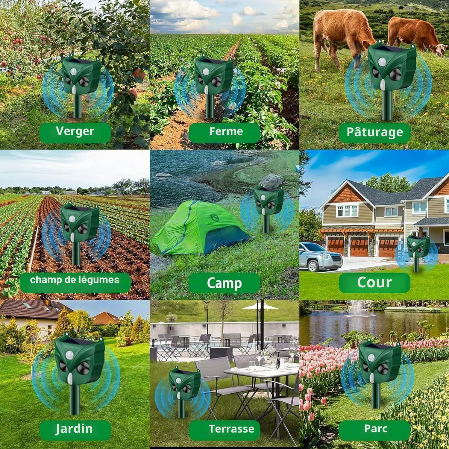 Répulsif à ultrasons pour chat, 5 modes, solaire et rechargeable, dissuasif pour cerf, chien, lapin, mouffette, oiseau pour jardin extérieur (RC546)