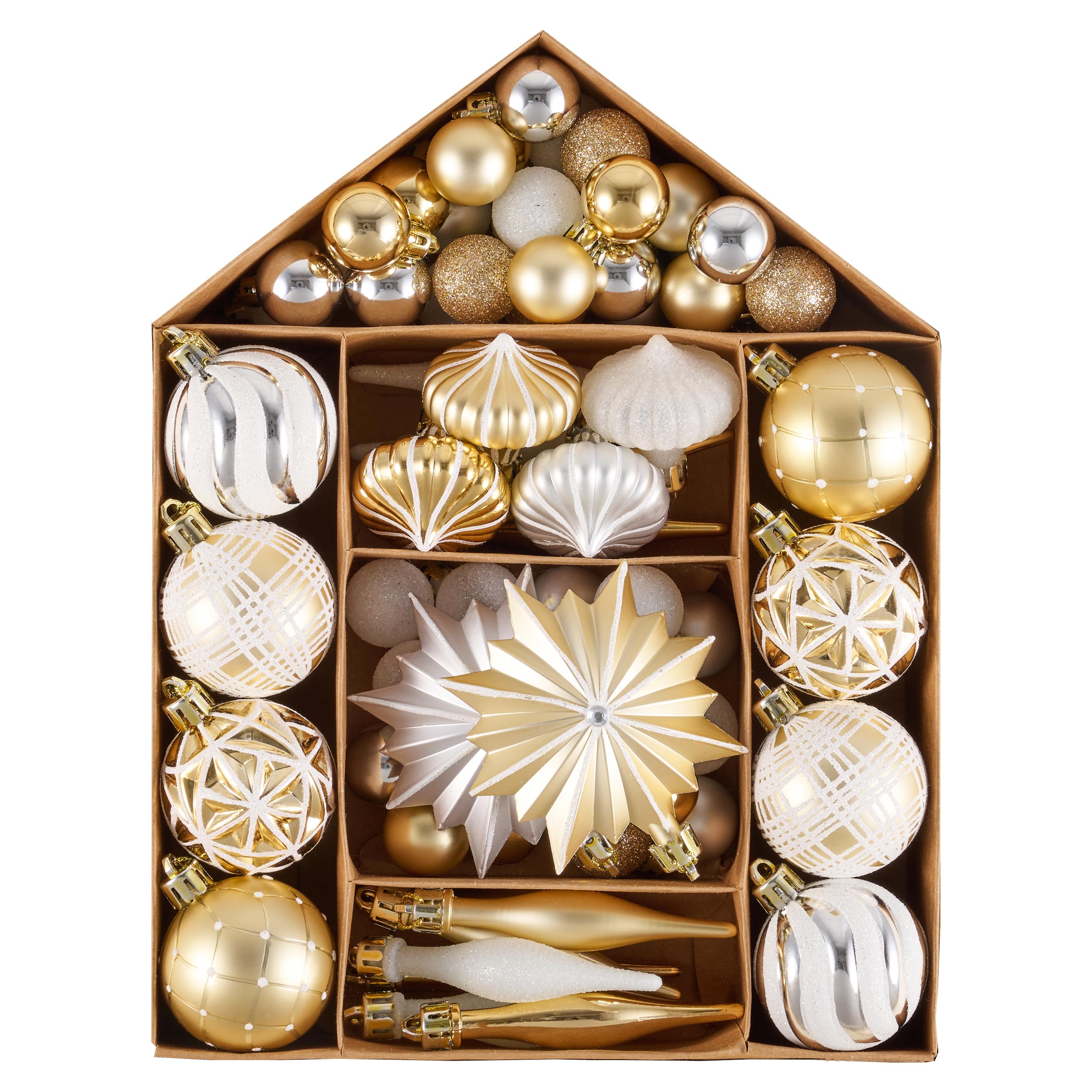 Valery Madelyn Christmas Baubles, 70pcs Shatterproof White Gold Christmas Ball Ornaments for Tree Decoration, House Shape Packing, Medium — image 1