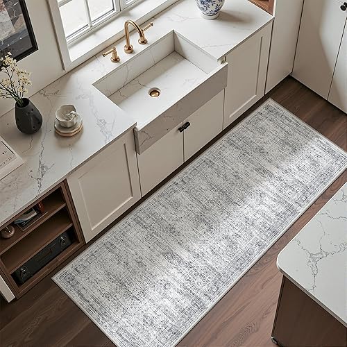 Restydon 2x5 Rug Runner Washable for Entryway, Soft Bathroom Rugs with Non-Slip Backing, Abstract Low Pile Hallway Runner, Vintage Small Kitchen Carpet for Stair, Laundry Room(2'x5', Grey/Ivory)