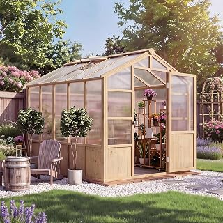 6x10 ft Wooden Walk-in Polycarbonate Greenhouse, Lockable Door, Brown