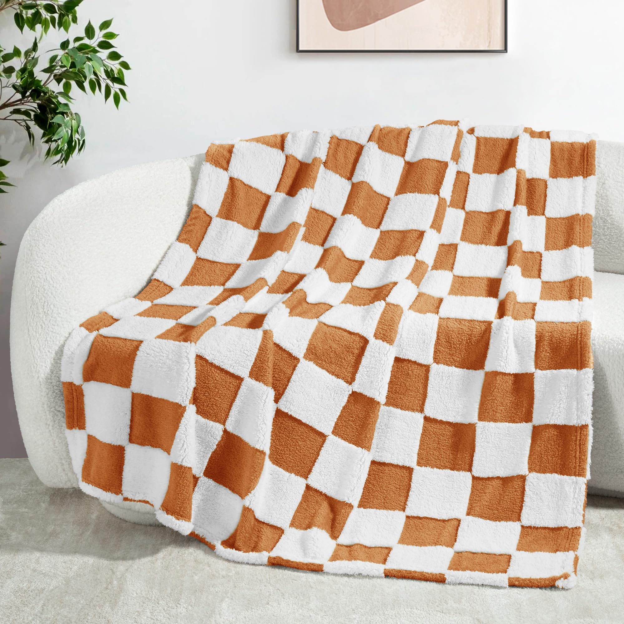 Exclusivo Mezcla Checkered Throw Blanket, Super Soft and Warm Fluffy Fleece Blanket for Couch, Sofa, Bed, Cute Plaid Pattern, Coral Orange, 50" x 60"