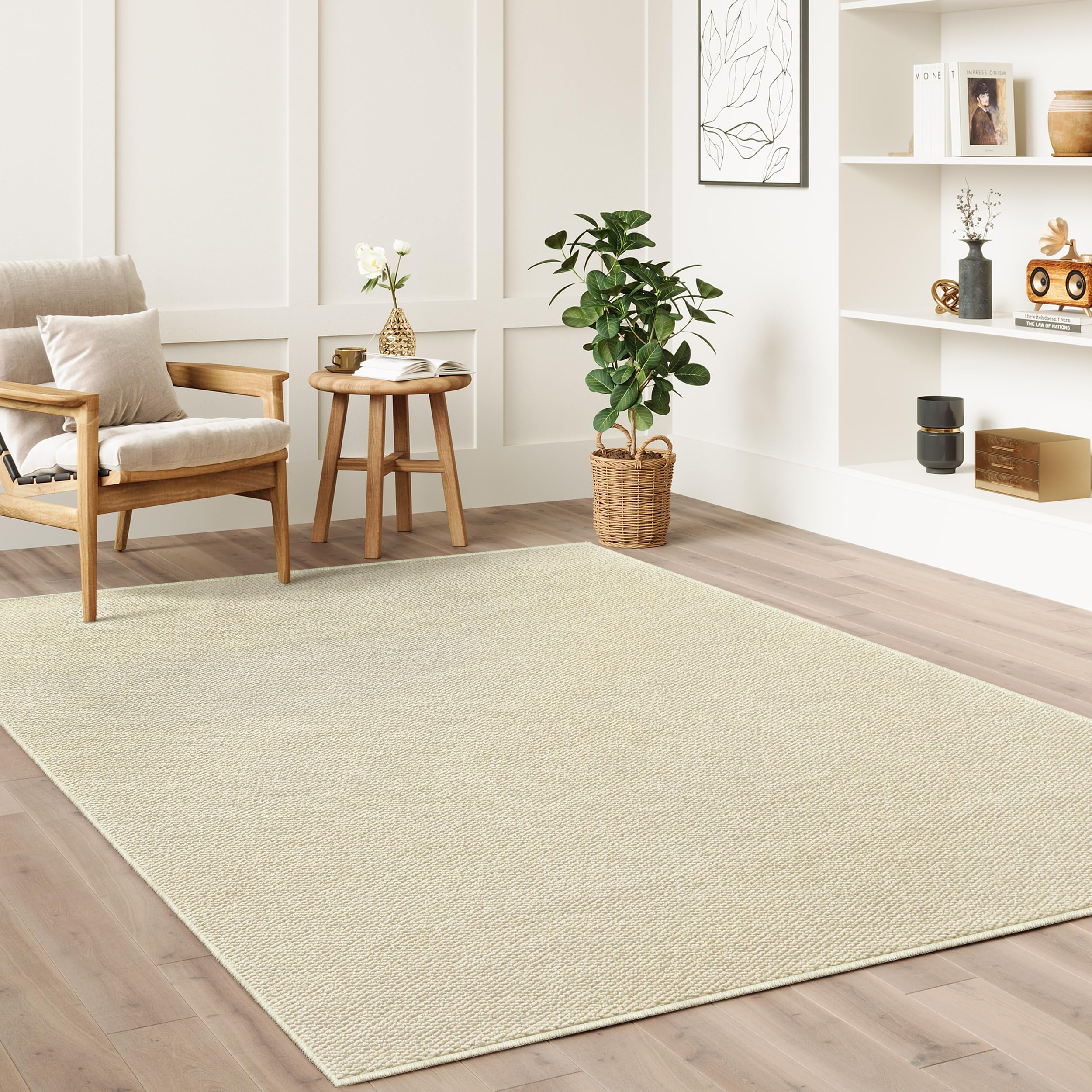 Photo 1 of **USED, DIRTY** COSOSA Washable Faux Sisal Rug, 9x12 Firm Textured Woven Mat, Indoor-Outdoor Non-Slip Easy-Clean Area Rug, Solid Modern Carpet for Living Room, Bedroom, Kitchen, Entryway, Patio, Cream Beige