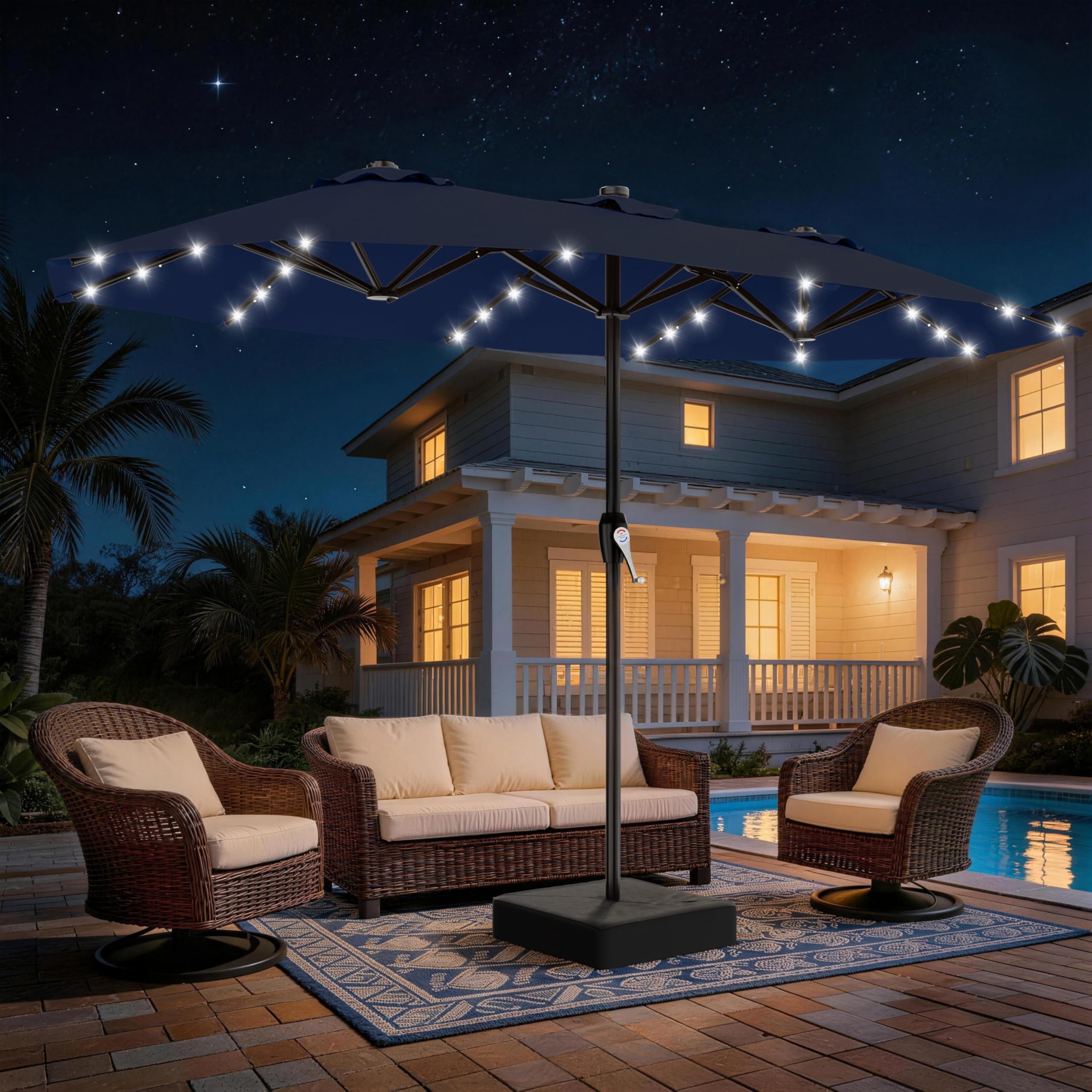 AreShark 15FT Patio Umbrella with Solar Lights, Double Sided Outdoor Table Umbrellas with Crank, Large Rectangular Market Umbrella for Porch, Lawn, Pool, Backyard, Navy : Patio, Lawn & Garden