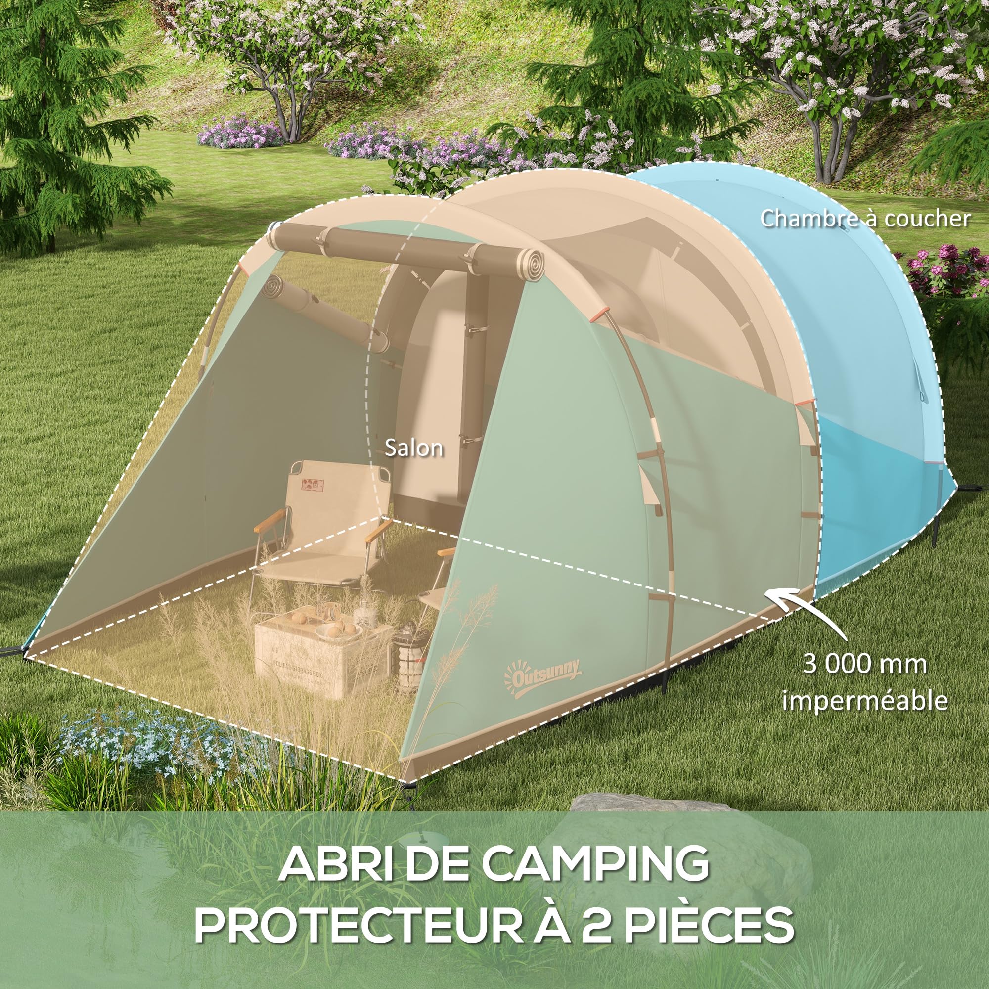 Outsunny Tente de Camping familiale 4-5 Personnes, Tente Tunnel imperméable, 2 Portes + fenêtres, ventilée, Facile à Monter, 4,6 x 2,6 x 1,9 m, Bleu