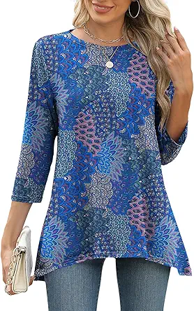 LOMON 3/4 Sleeve Tunic Tops for Women Loose Fit Dressy Casual Blouse Flowy Shirts to Wear with Leggings S-3XL