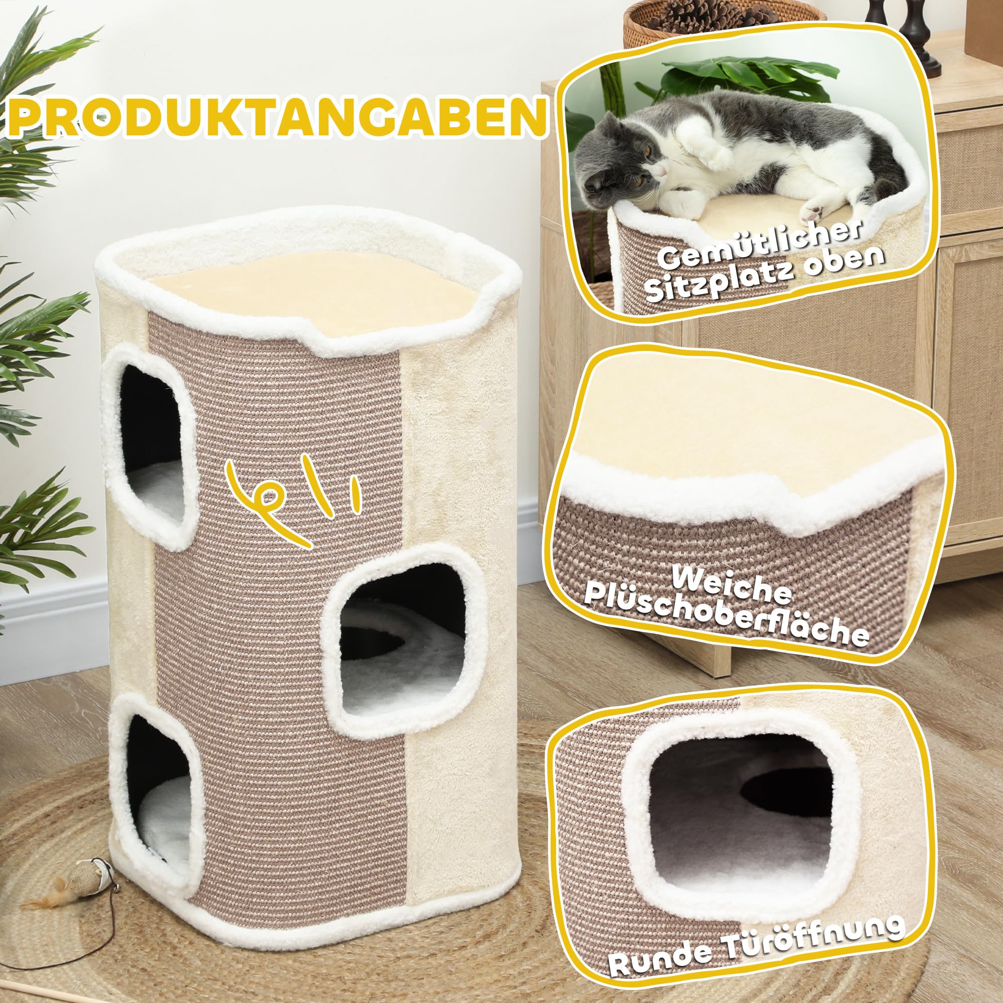 PawHut Rascador para Gatos Árbol de 3 Niveles para Gatos Trepador Aterciopelado y Sisal Beige+Blanco 40 x 40 x 74 cm