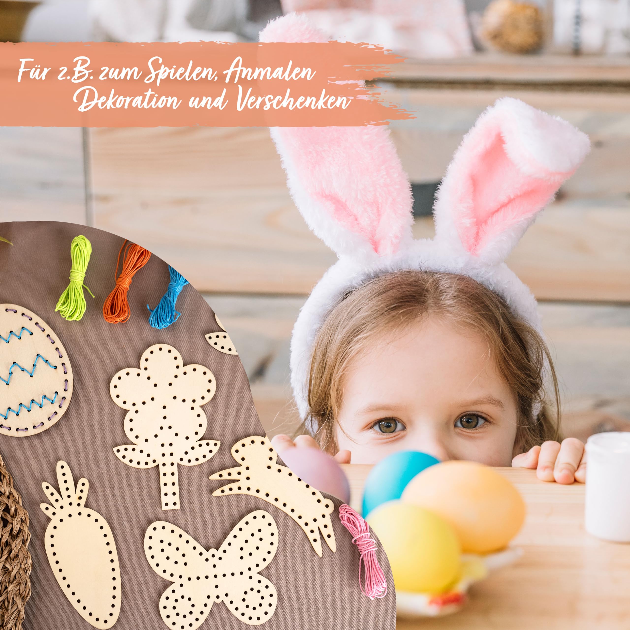 Papierdrachen DIY Wooden Threading Set for Easter, Wooden Play Set including Thread, Craft Fun for Easter Decoration - Image 3