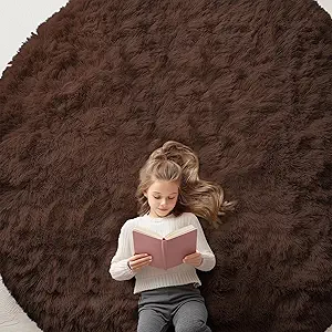 OLANLY Coffee Round Rugs for Bedroom - Machine Washable, 8 ft Circle Area Rugs for Living Room, Soft and Fluffy Shaggy Carpet for Teen Girls and Boys, Nursery Rooms, Dorms, Home Decor Aesthetic