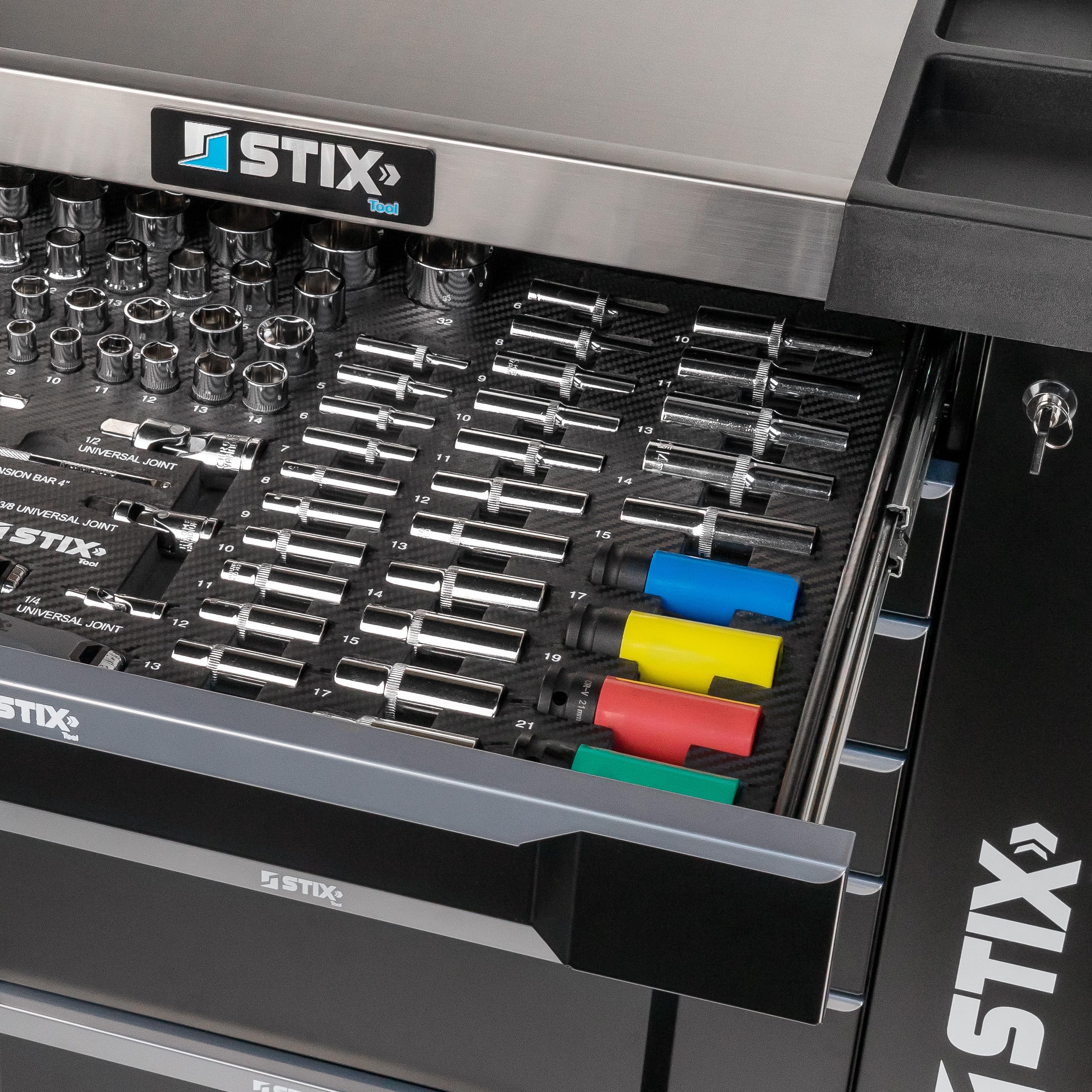Stix UltimatePro A7/TS1 Carro de herramientas para taller con 267 herramientas Cr-V, 7 cajones, superficie de trabajo de acero inoxidable, gabinete lateral