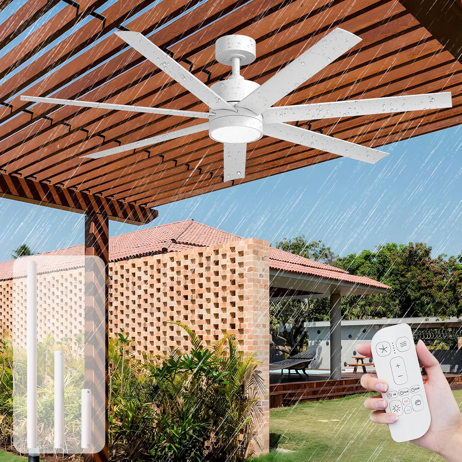 Outdoor Ceiling Fan with Light, IP65 Waterproof White Patio Ceiling Fans, 56 Inch, All-Weather, 7 UV-Proof Blades Wet-Rated, High CFM Quiet DC Motor, for Exterior Porch, Pergola, Gazebo
