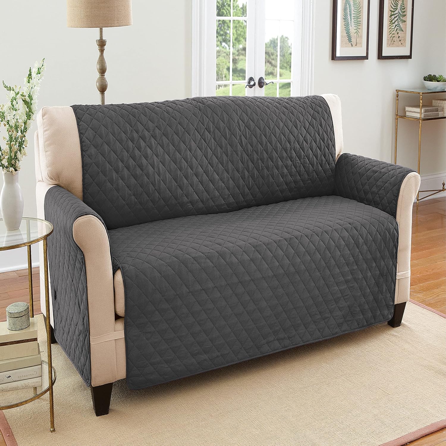 Collections Etc Reversible Spill Resistant Quilted Furniture Protector Cover with Ties - Covers Seat Bottom, Seat Back and 2 Seat Arms, Slate Grey/Silv, Loveseat