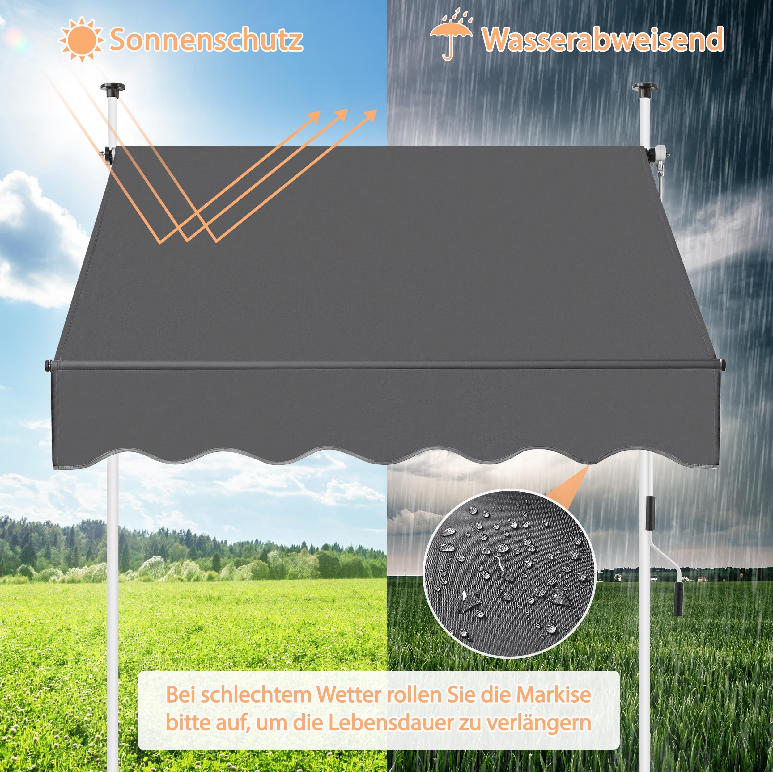 Yaheetech Markiza balkonowa z korbą ręczną, szerokość 150 cm, ochrona przed słońcem, bez wiercenia, markiza z regulacją wysokości, wodoszczelna, ciemnoszara
