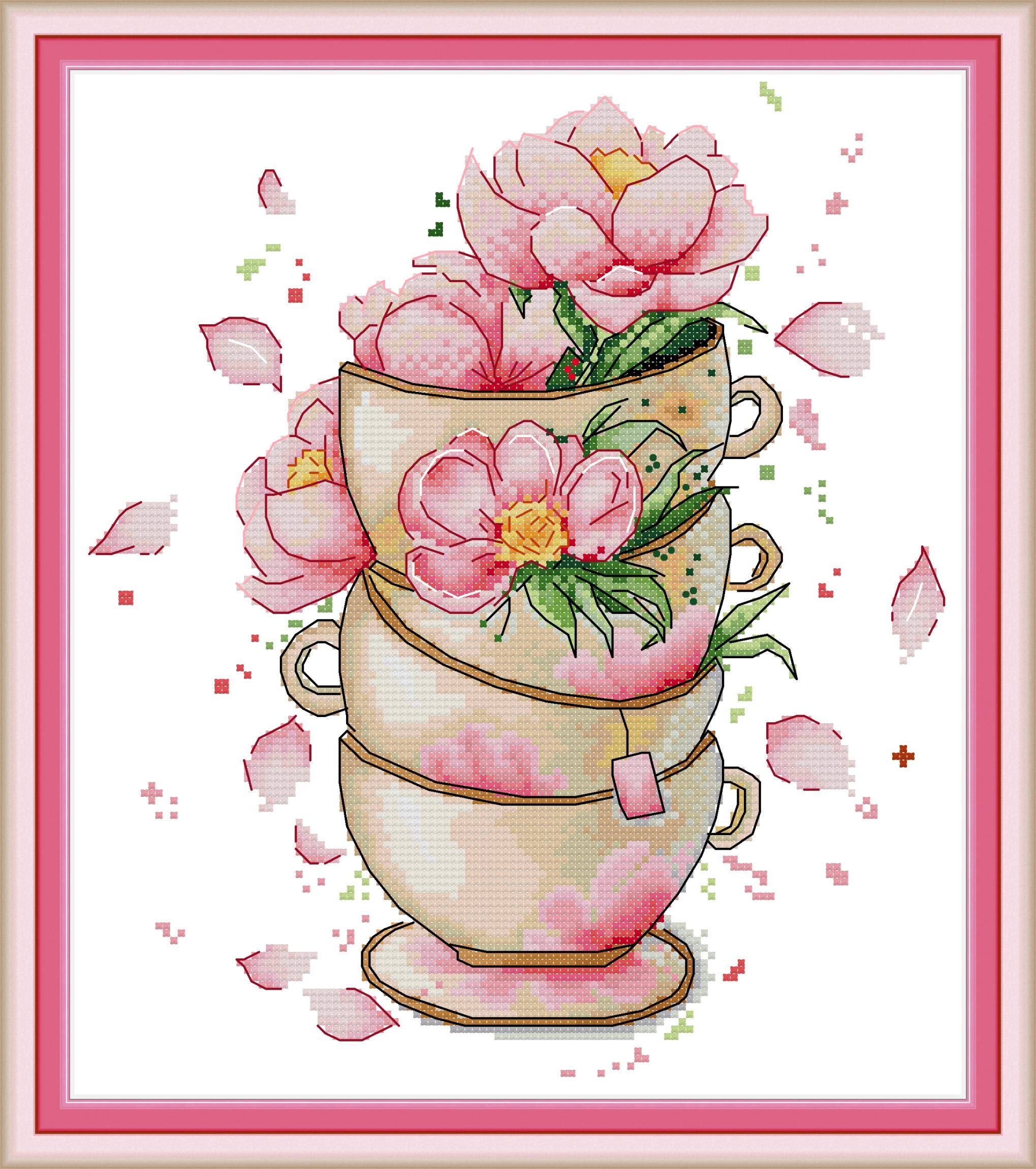 OWN4B Cross Stitch Kits Stamped, Flower on Coffee Cup Printed Pattern 11CT 14.6x16.1 inch DIY Embroidery Kit