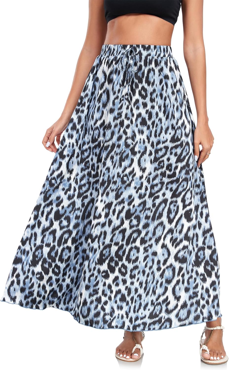 VOGMATE Women Maxi Skirts Casual Trendy Elastic High Waisted A Line Flowy Swing Long Skirt with Drawstring