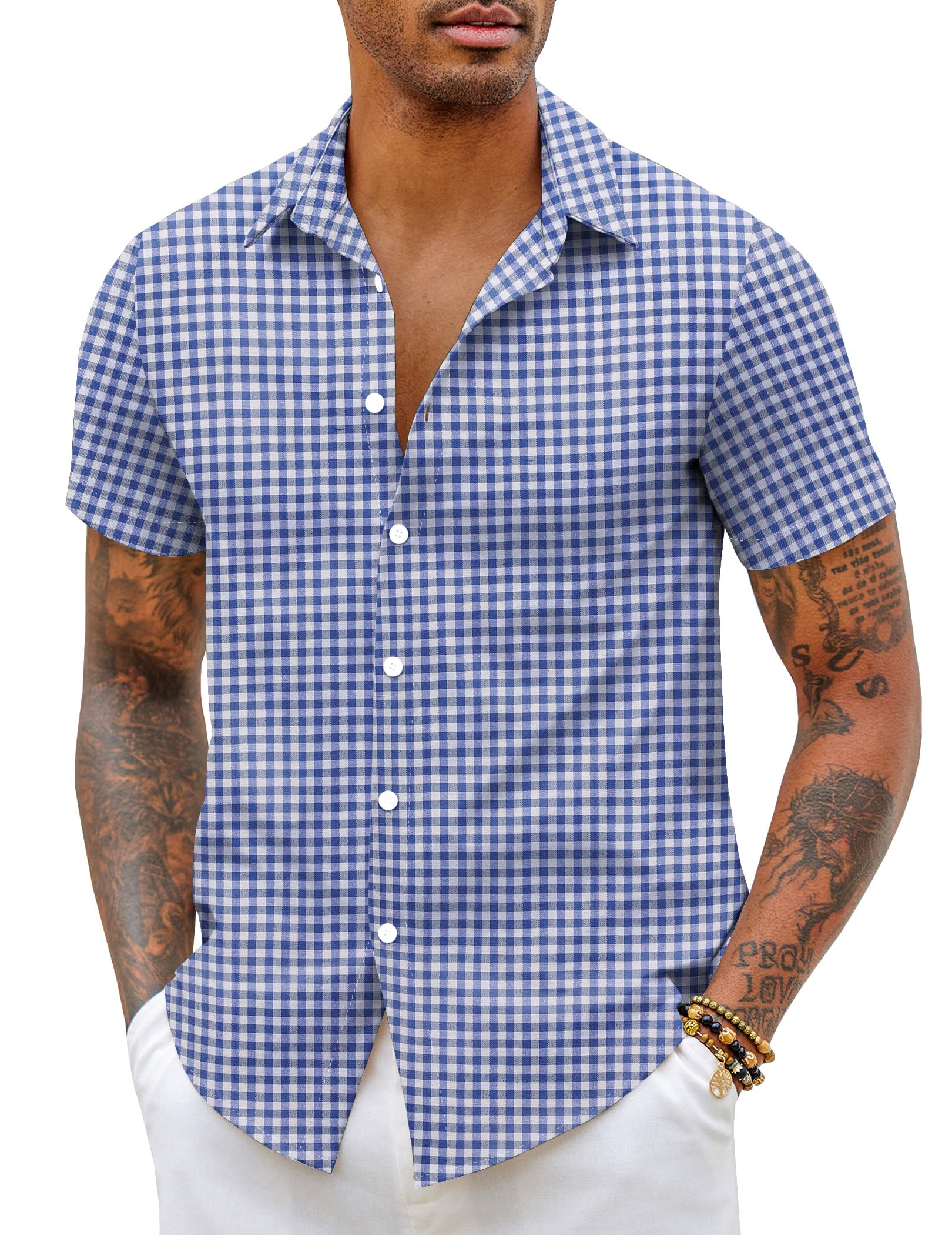COOFANDY Camisa de hombre de manga corta, elástica, ajustada, para tiempo libre, sin planchado, camisa de negocios, camisa de verano, camisa de manga corta, monocolor, camiseta básica para hombres