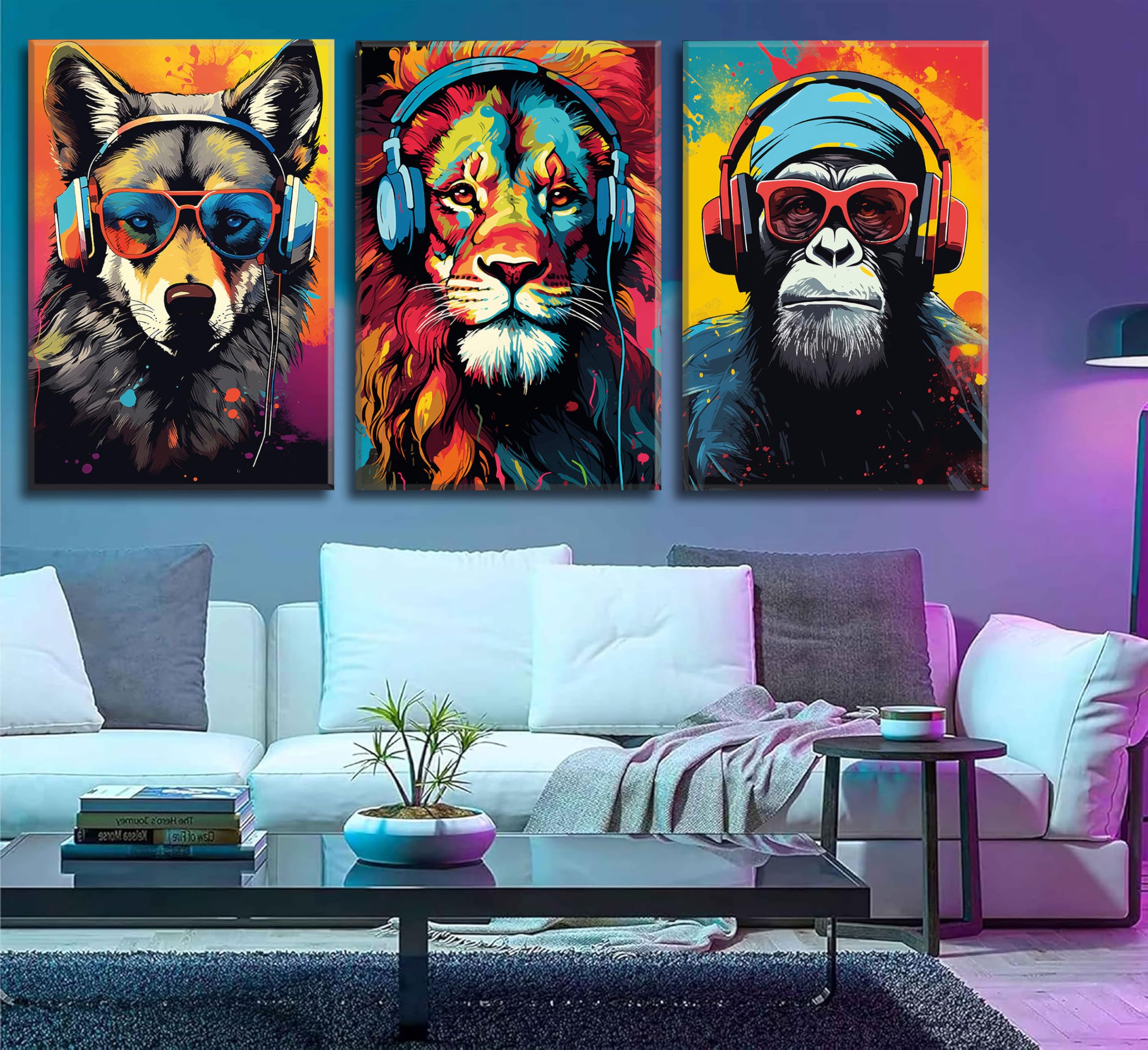 3 x Gaming-Wandkunst, Tier-Graffiti-Poster, Bilder mit Kopfhörern, Sonnenbrille, Gorilla, Tiger, Wolf, coole Gamer-Leinwanddrucke, bunte Graffiti-Gemälde für Teenager, Spiel, Jungenzimmer,