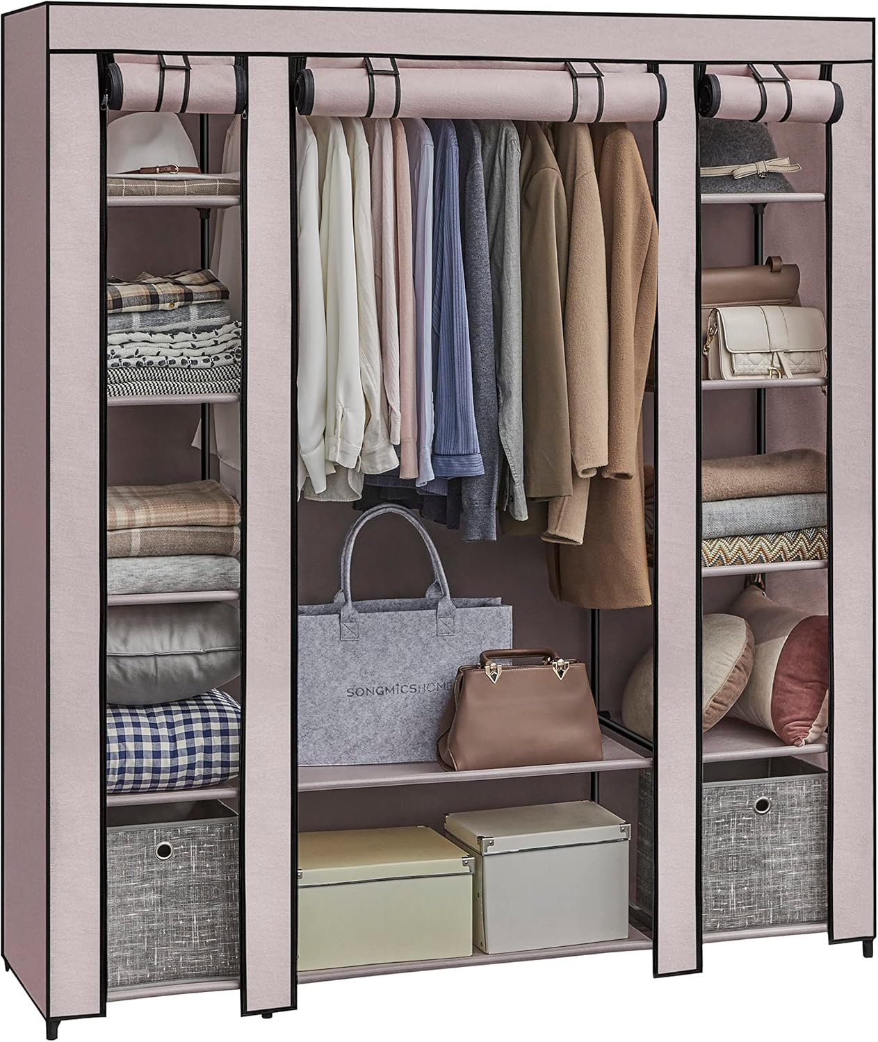 Hands rolling up the wardrobe's front cover and securing it with fasteners for open access.
