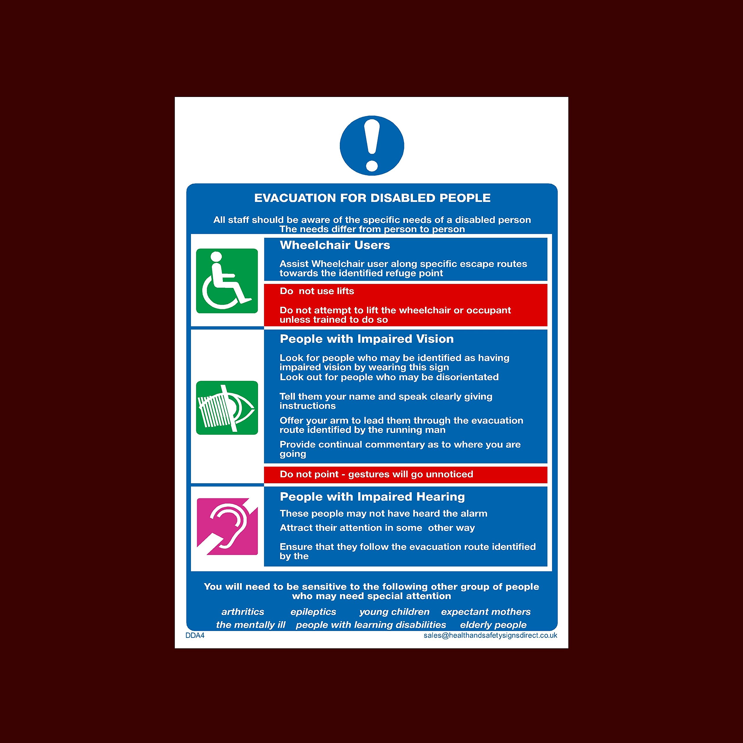 Evacuation for Disabled People Sticker/Self Adhesive Sign - Fire, Disabled, Wheelchair, Ramp, Parking, Emergency - (DDA4)