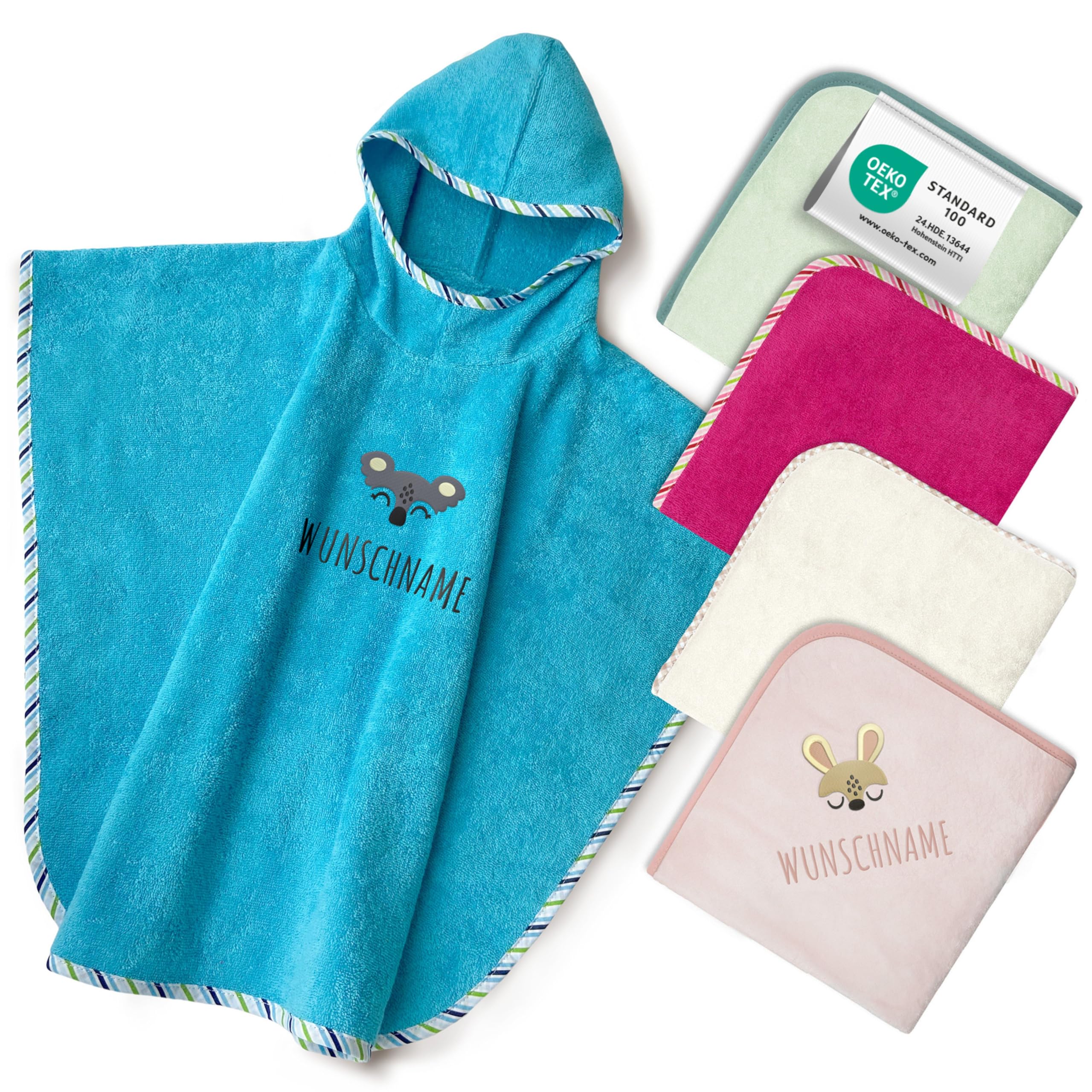 my STITCHERY Badeponcho Kinder mit Namen Bestickt, Oeko-TEX® Standard 100 - Personalisiertes Kapuzenhandtuch aus Reiner Baumwolle mit gesticktem Namen und Motiv (Petrol)
