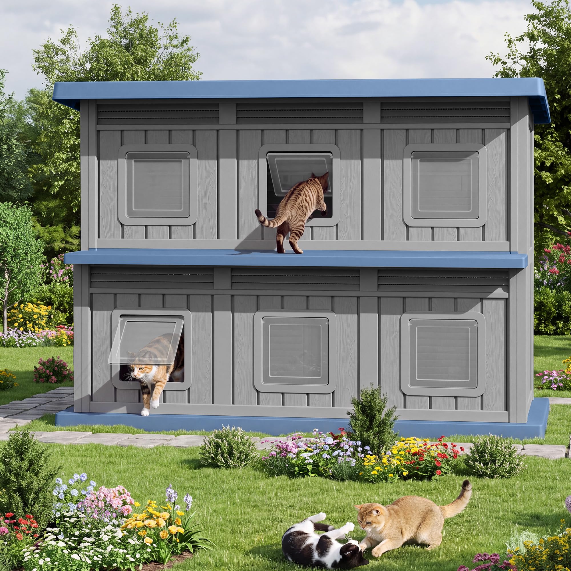 Fancyango Cat House Bed Cave, Cat Houses for Outdoor Cats, Grey-Blue