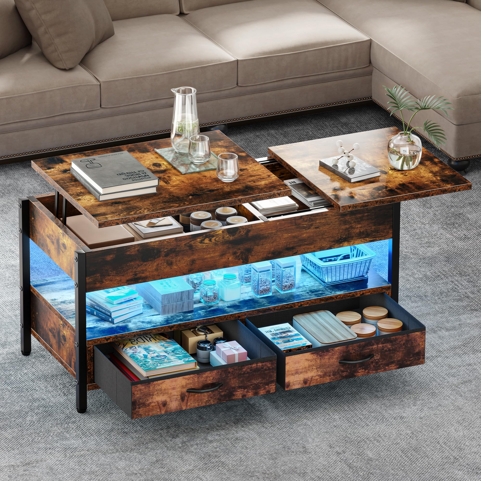 DWVO Couchtisch Höhenverstellbar mit 2 Schublade und Offener Lagerraum, LED Couchtisch mit Verstecktem Ablagefach, Wohnzimmertisch 106 x50x51,5cm