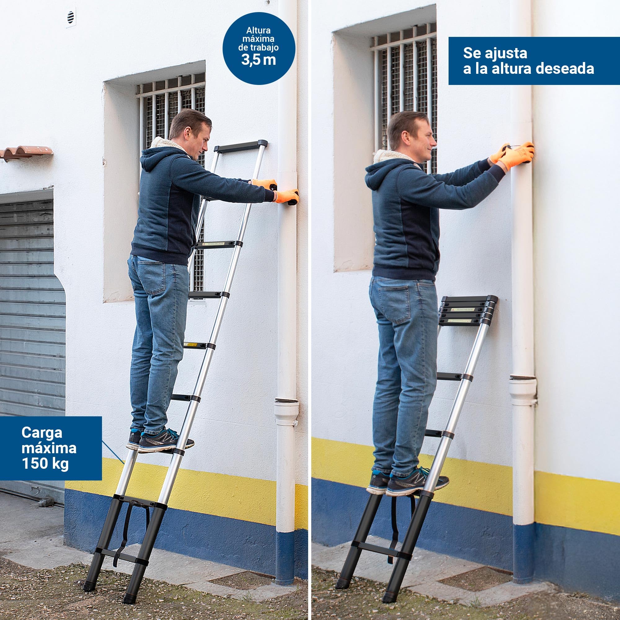 HOSTRÖM Escalera telescópica de 2,6 m TELESCOO9, Aluminio, Plegable, Extensible, Altura máxima de Trabajo 3,5 m, Norma EN131, garantía de 5 años.