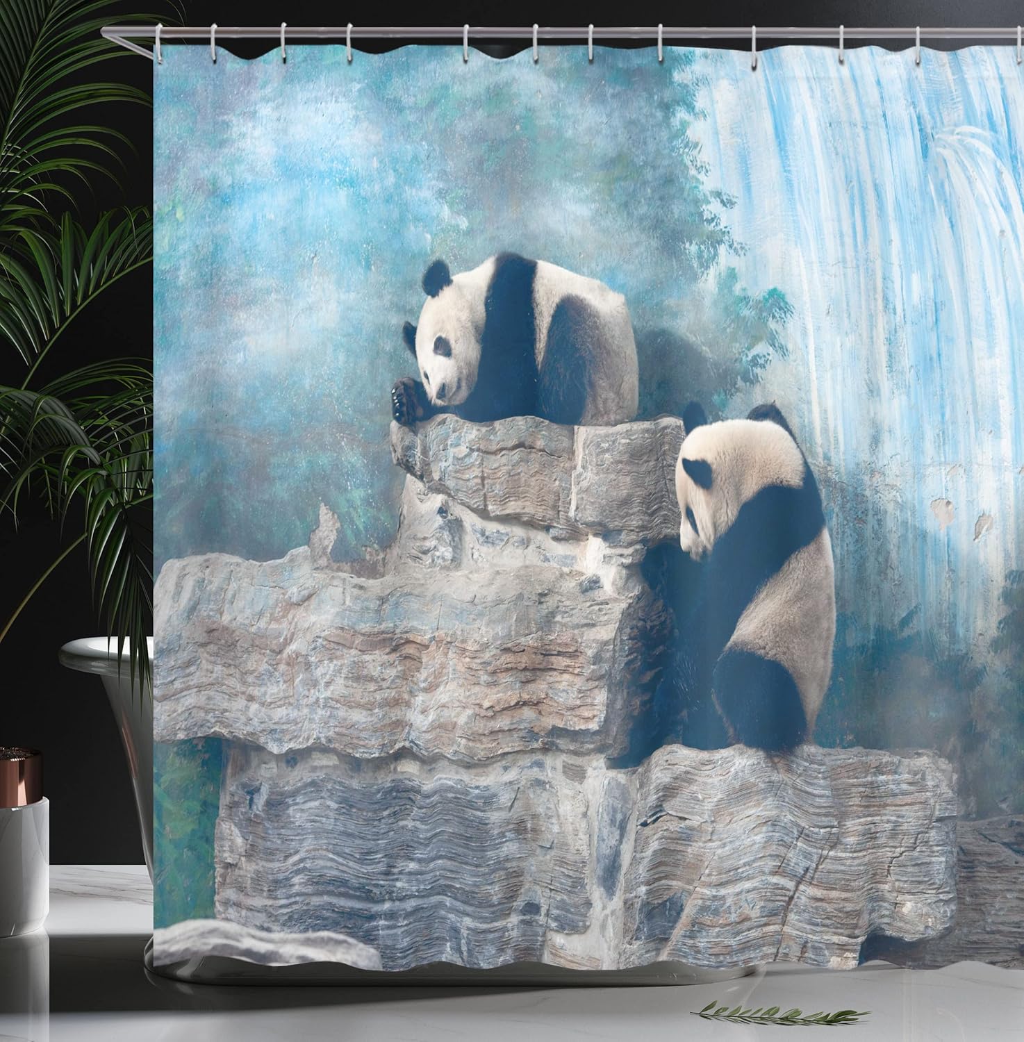 Ambesonne Panda Shower Curtain, Picture of Panda in Beijing Zoo Sitting on Stones Waterfall Painted Wall at The Back, Cloth Fabric Bathroom Decor Set with Hooks, 69" W x 70" L, Blue Brown
