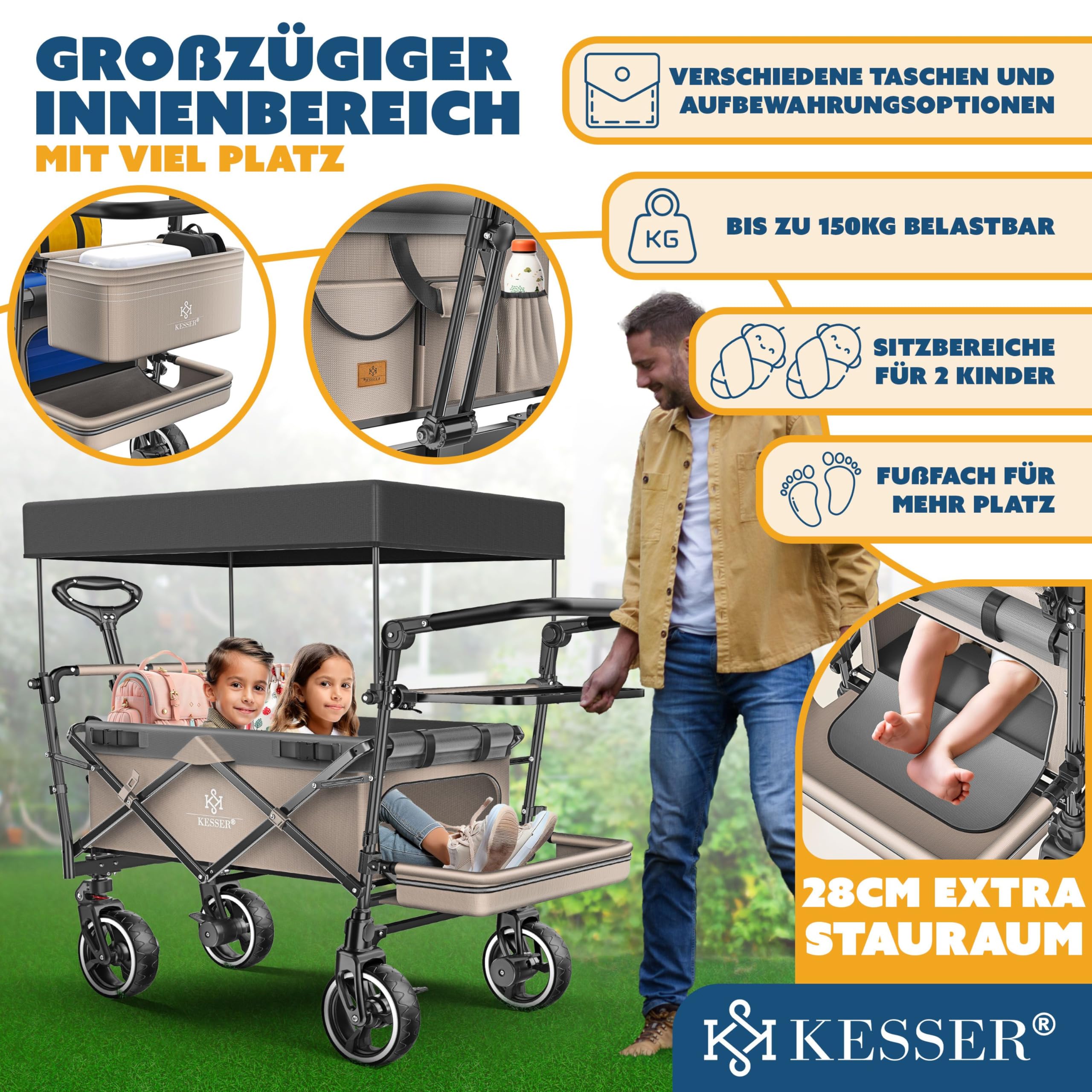 KESSER GTS-9100 - Carrello pieghevole con tetto, portata fino a 150 kg, con ruote in gomma dura e freni di stazionamento anteriore/posteriore, con serratura, copertura, intemperie e protezione da