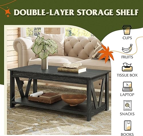 Miniatura 5 de WLIVE Coffee Table, 43" Farmhouse Coffee Table with Storage Shelf & Sturdy V-Shaped Support, Wood Center Table for Living Room, Bedroom, Office and