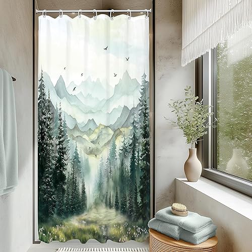 Miniatura 10 de KOMLLEX Cortina de ducha rústica de montaña verde para baño, 72 pulgadas de ancho x 72 pulgadas de alto, paisaje de bosque brumoso, pinos, juego