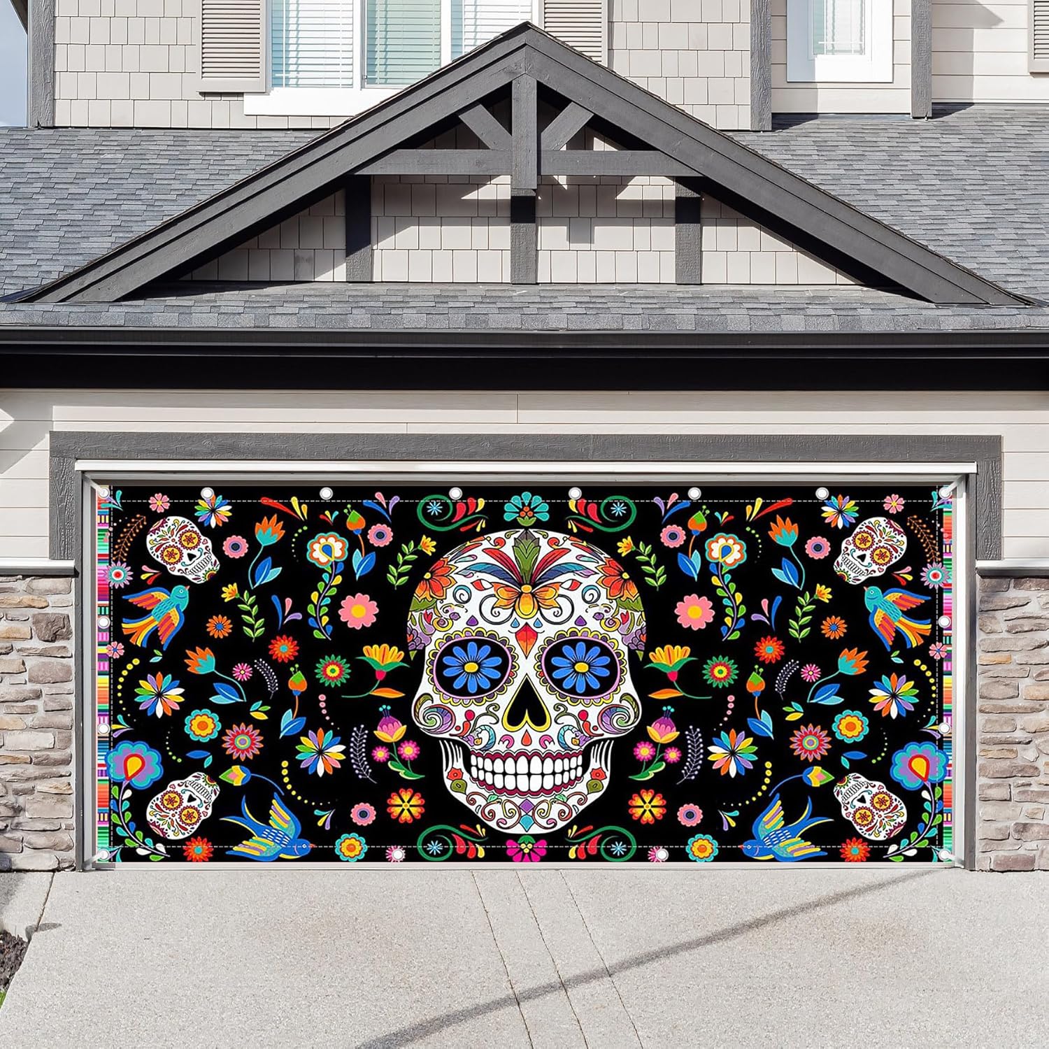 ZTHMOE 1PC 16x7ft Day of The Dead Garage Door Banner Decorations Mexican Fiesta Sugar Skull Flowers Photography Backdrop Outdoor Wall Cover Dia DE Los Muertos Party Supplies