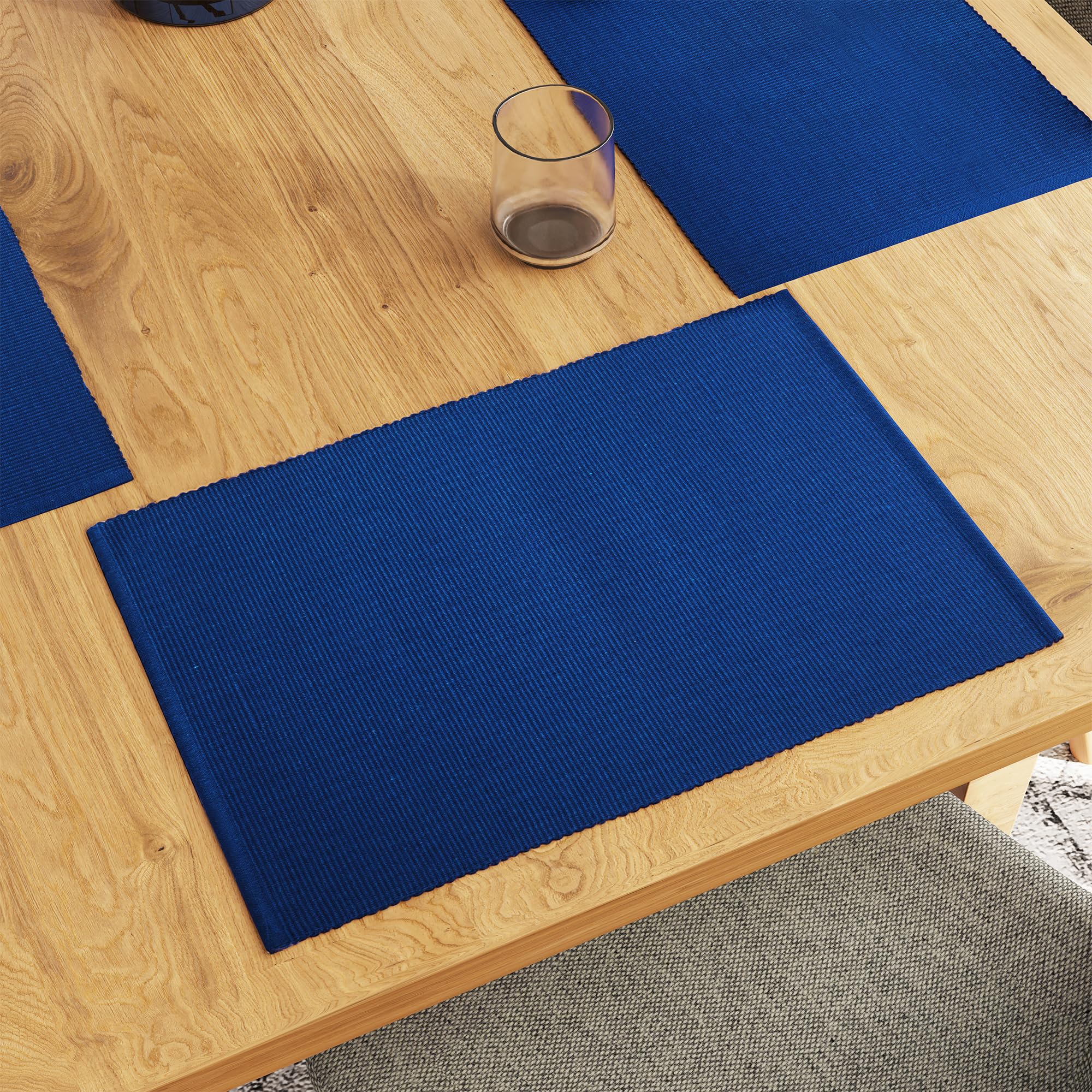 Encasa Homes Dining Placemats (Set of 6 pcs) Made from Fine Ribbed Cotton - Perfect Size 19 x 13 inch, Smart Modern Colours & Designs, Use at Home, Cafes, Restaurants & Hotels - Solid Blue