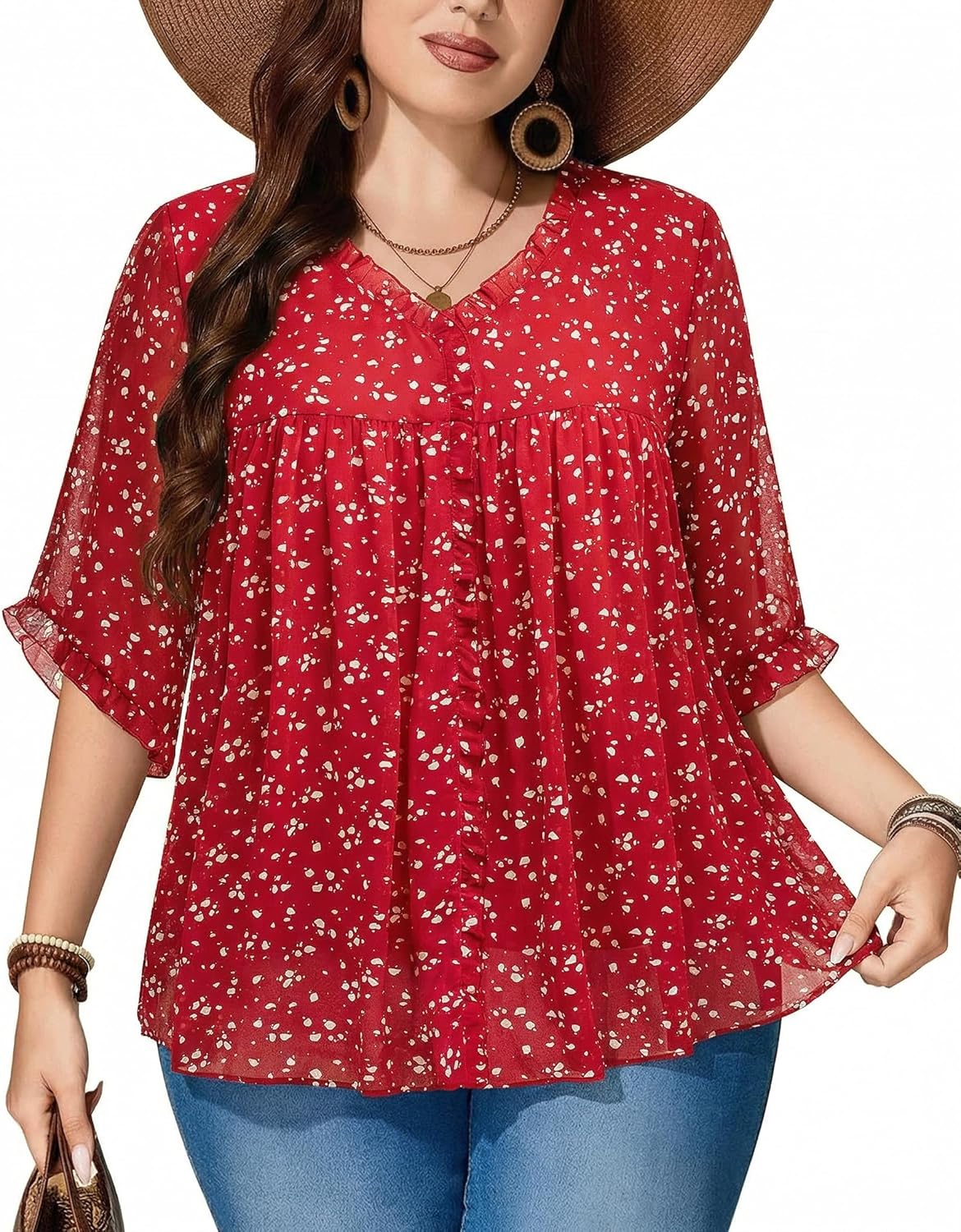 Siddhe Plus Size Tops for Curvy Women 3/4 Ruffle Sleeve V Neck Chiffon Blouses Spring Dressy Casual 2026 Shirts (XL-5XL)