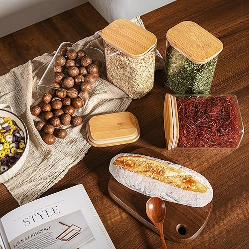 Miniatura 6 de Contenedores herméticos rectangulares de vidrio de 37 onzas con tapas de bambú (juego de 6), tarro cuadrado de almacenamiento de alimentos,