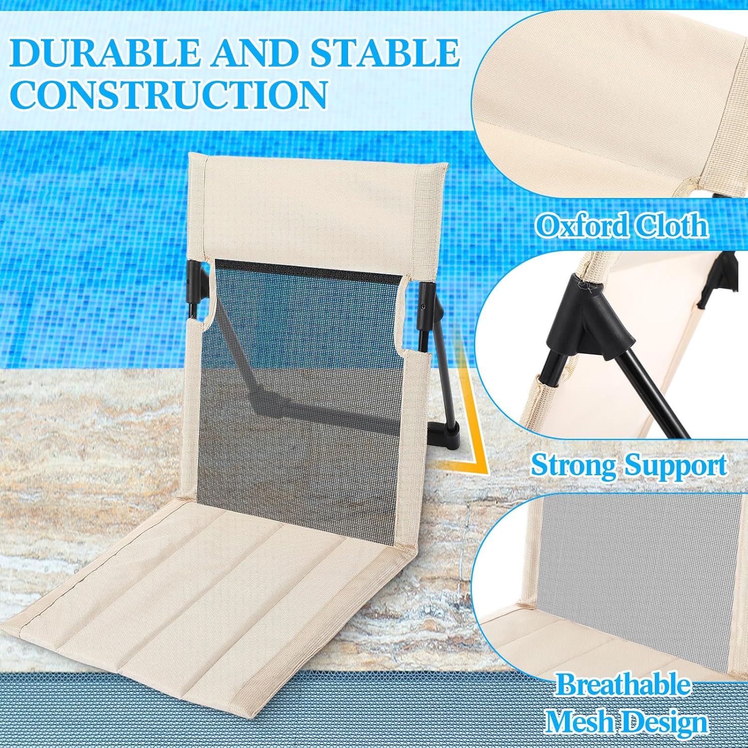 Karenhi 4 Pcs Foldable Poolside Chairs Portable Beach Chair Folding Seat for Edge of Pool Provide Back Support with Carry Bag for Adults Traveling Camping Picnic Lawn