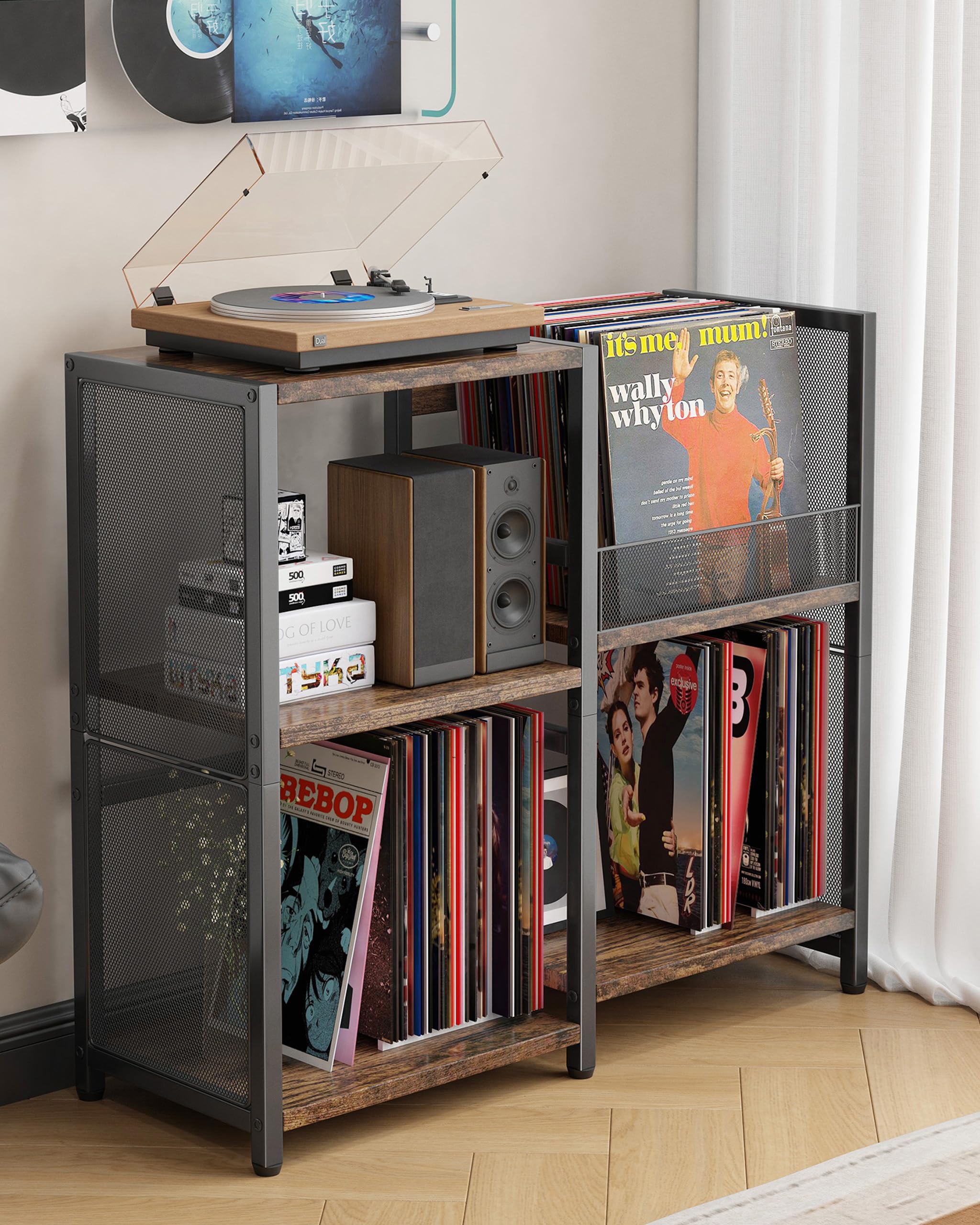 Meuble Platine Vinyle Vintage, Support pour 200 Albums, 3 Niveaux Métal Étagère de Rangement Disques pour Salon, Noir