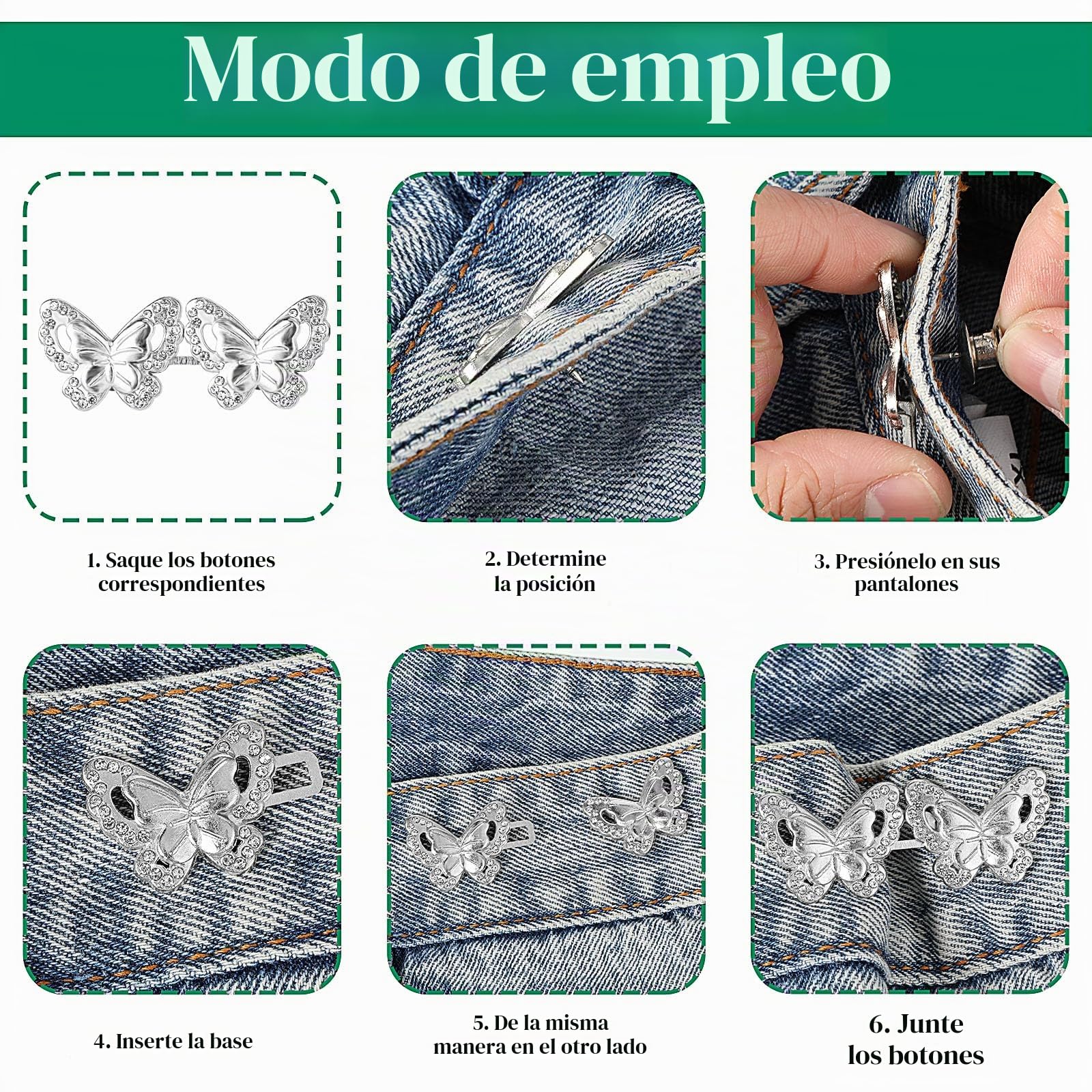 Andibro Juego de 4 tensores de cintura ajustables, hebillas de cintura desmontables, botones de ajuste para pantalones, jeans, faldas, mangas, plateado