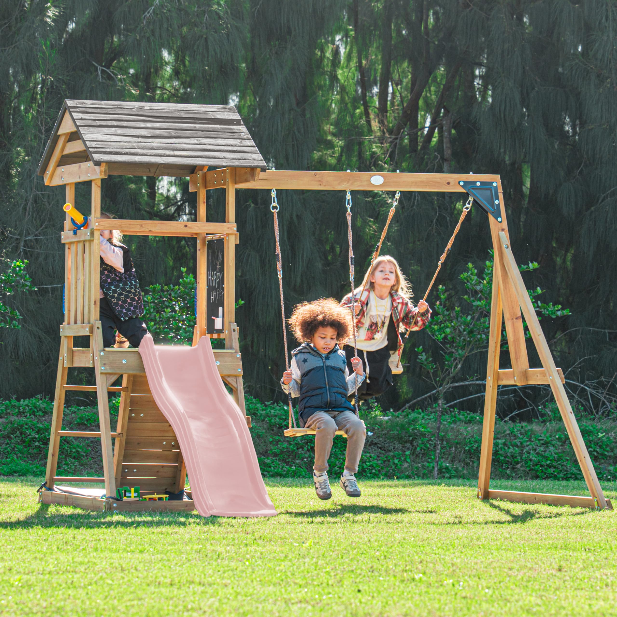 AXI Mia Casetta per bambini in legno con 2 altalene, scivolo Rosa pastello/Parco giochi all'aperto, recinto per la sabbia, parete per arrampicarsi | Portico altalena/Giochi in legno all'aperto