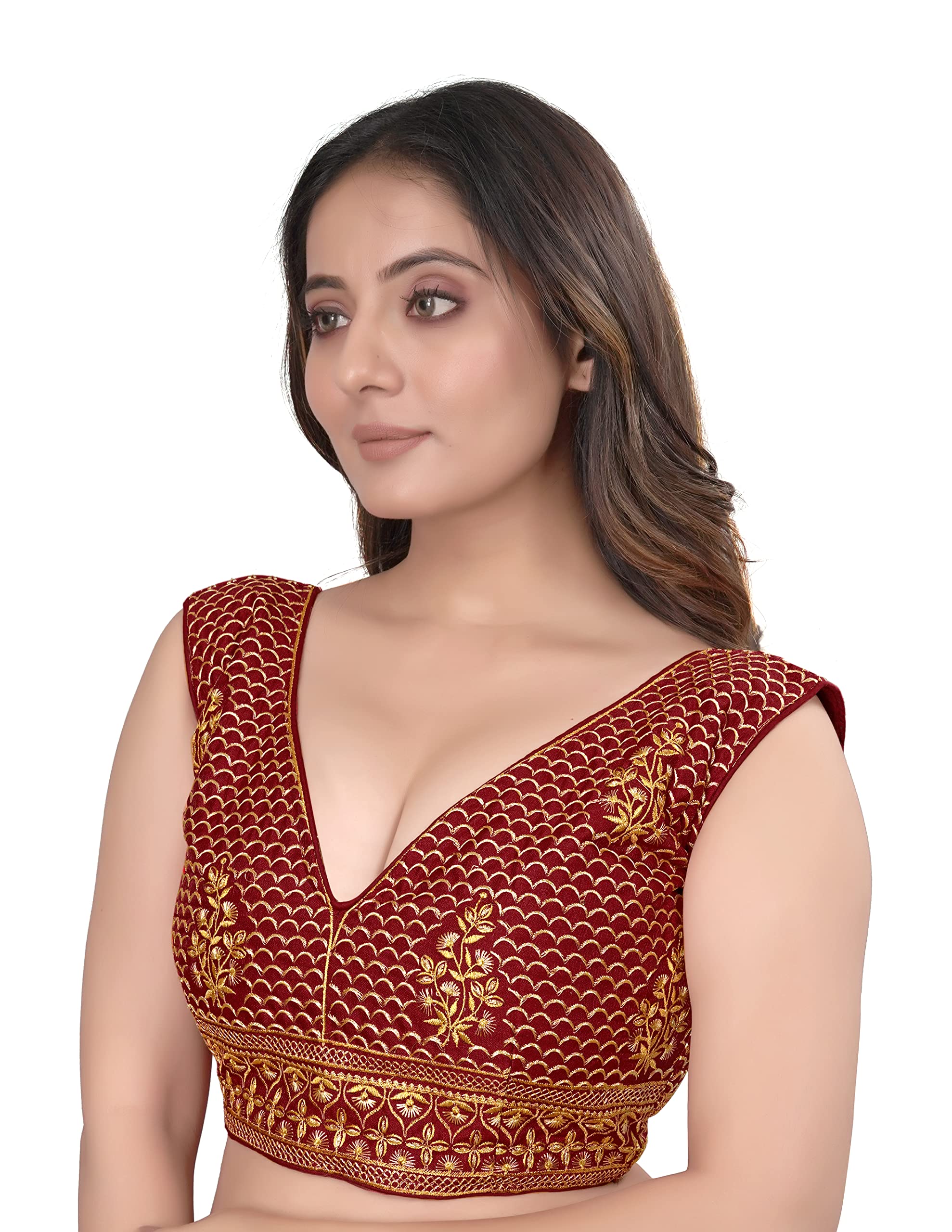 Pujia Mills Women's V Neck Embroidery Readymade Saree Blouse For Lehenga Choli