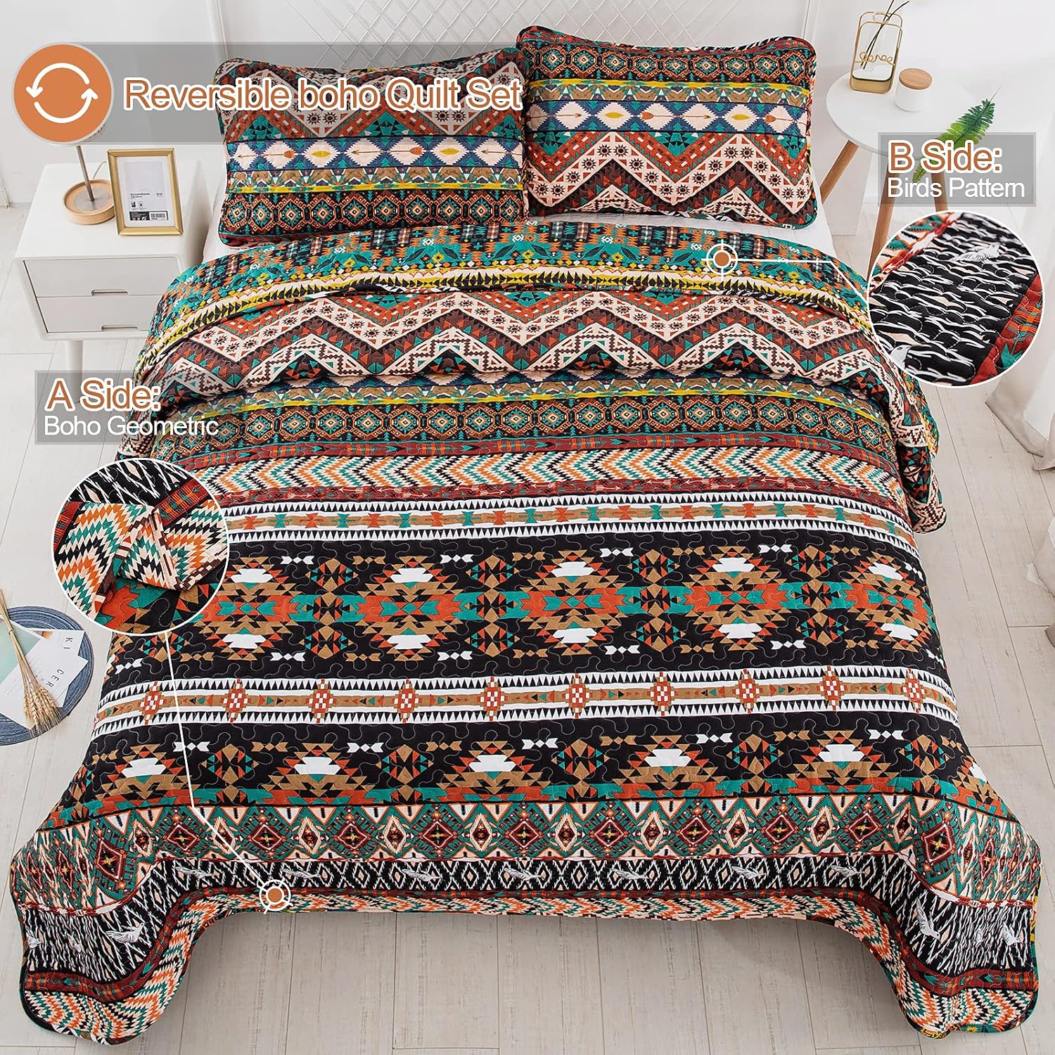 Boho Quilt Set Queen,Southwestern Stripe Bedding Set with 2 Pillowcases, 3 Pieces Reversible Bohemian Birds Pattern Quilted Jacquard Coverlet Set for All Seasons Patchwork Queen(90"x96")