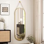 HARRITPURE 16"x48" Oval Hanging Mirror with Leather Strap Full Length Mirror Aluminum Frame Wall-Mounted Hanging Mirrors for Bathroom Vanity Living Room Bedroom Entryway Decor,Black