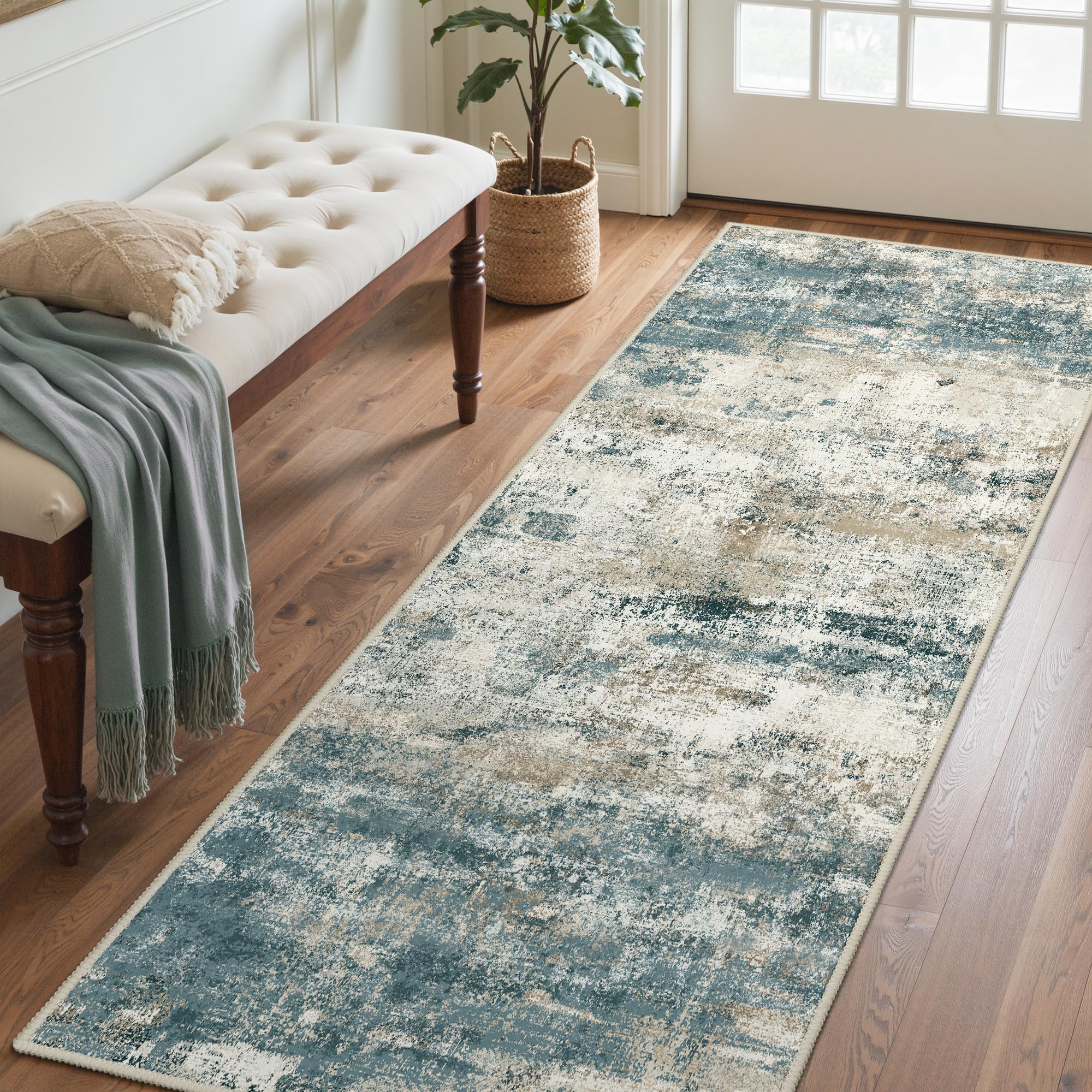 BEIMO 2'6"x6 Runner Rug for Hallway, Navy Beige Washable Abstract Rug