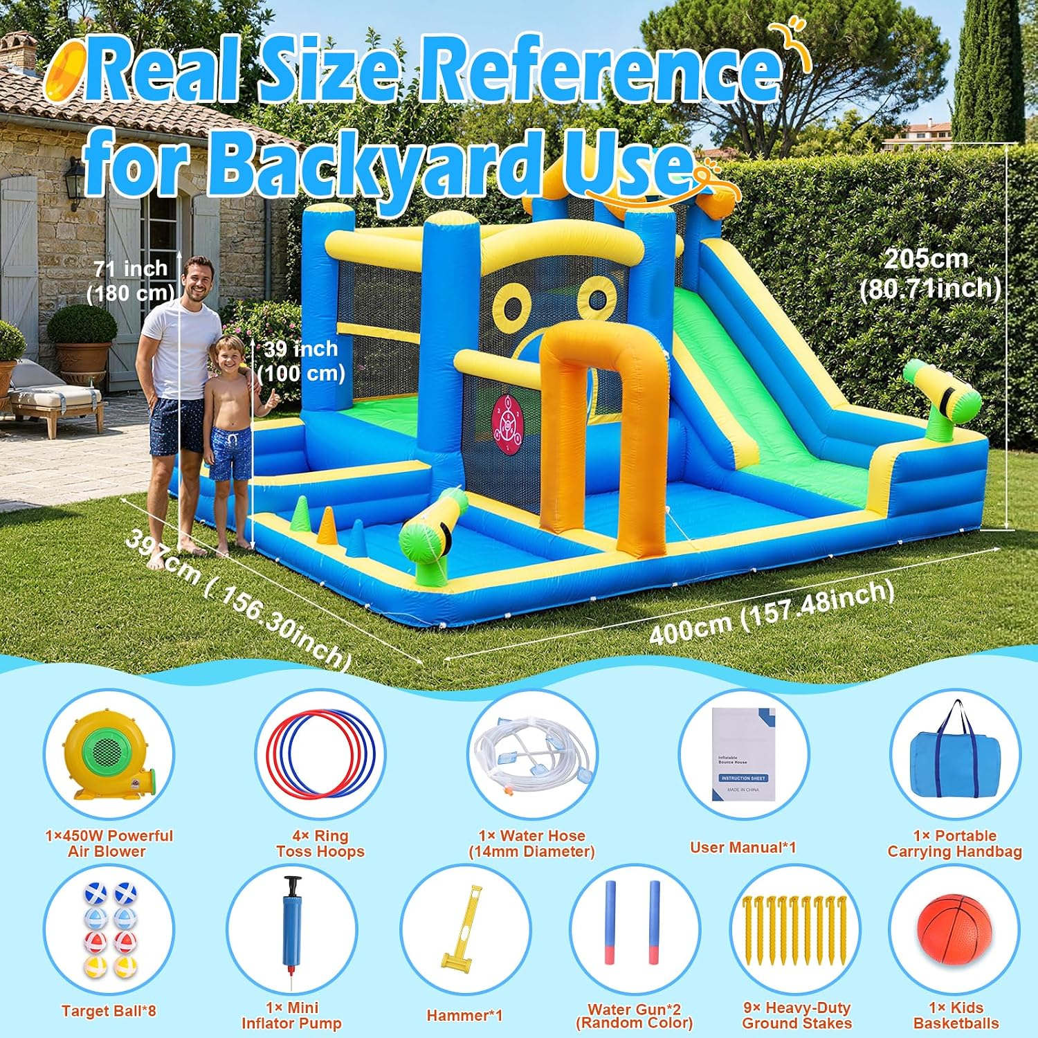 10-in-1 Inflatable Water Slide Bounce House for Kids, Backyard Water Park with Climbing Wall & 550W Blower, Heavy Duty Toddler Water Slide Castle for Birthday Party Outdoor Summer Fun