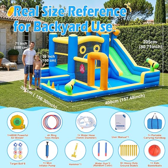 Large Inflatable Water Park with Slide and Splash Pool for Kids, AONESY Inflatable Bouncy Castle Water Sprayers, Climbing, Jumping, Soccer Area, 480W Blower for Indoor Outdoor Backyard