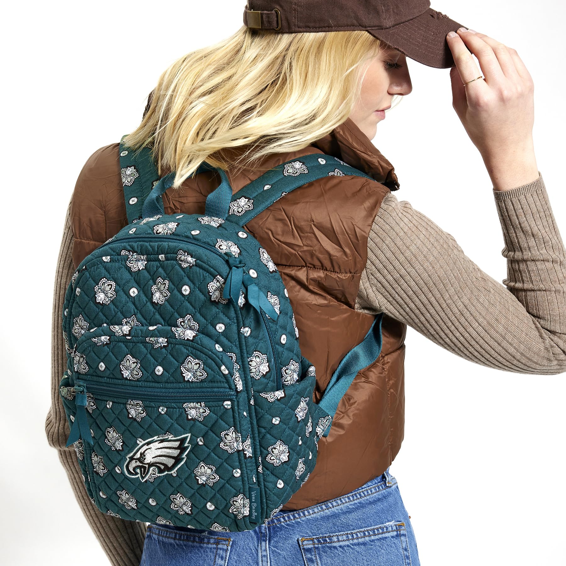 Vera Bradley Damen Cotton NFL Small Backpack (Multiple Teams Available) Büchertasche, Philadelphiaeaglesongreen/Blackbandana, Einheitsgröße