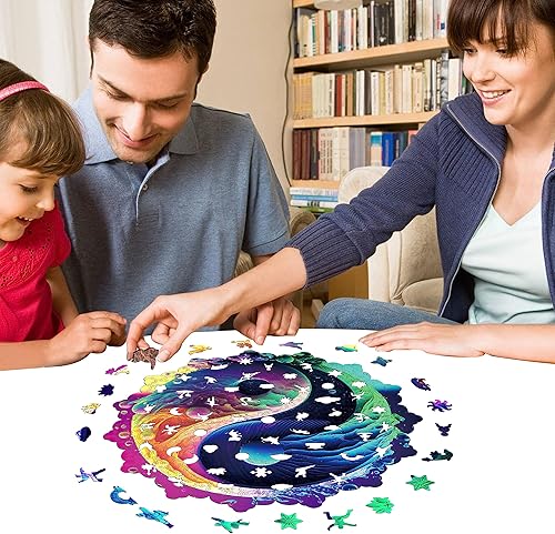 Miniatura 5 de Rompecabezas de madera para adultos, 500 piezas, color morado, Yin Yang, tamaño real, forma única, bonita caja, embalaje, divertido, desafiante,