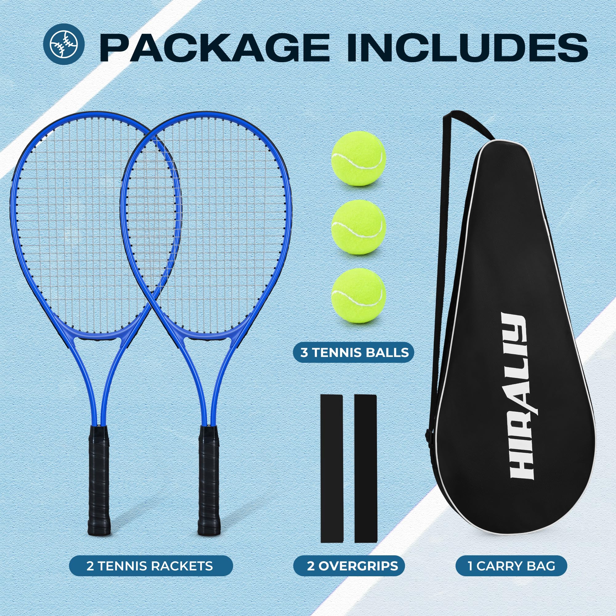 HIRALIY Ensemble de Raquettes de Tennis 68,6 cm pour Adultes, 2 Raquettes Pré-cordées, 2 Bandes, 3 Balles, Sac