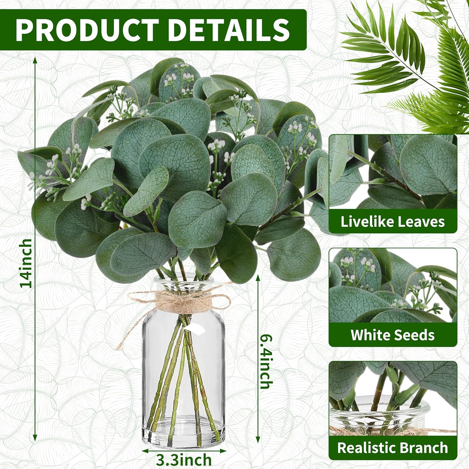 14" Artificial Eucalyptus Stems in Glass Vase with Faux Water, Realistic Eucalyptus Leaves Fake Plant Branch Greenery Decoration for Home Farmhouse Bathroom Kitchen Wedding Centerpiece Table Décor - Image 2