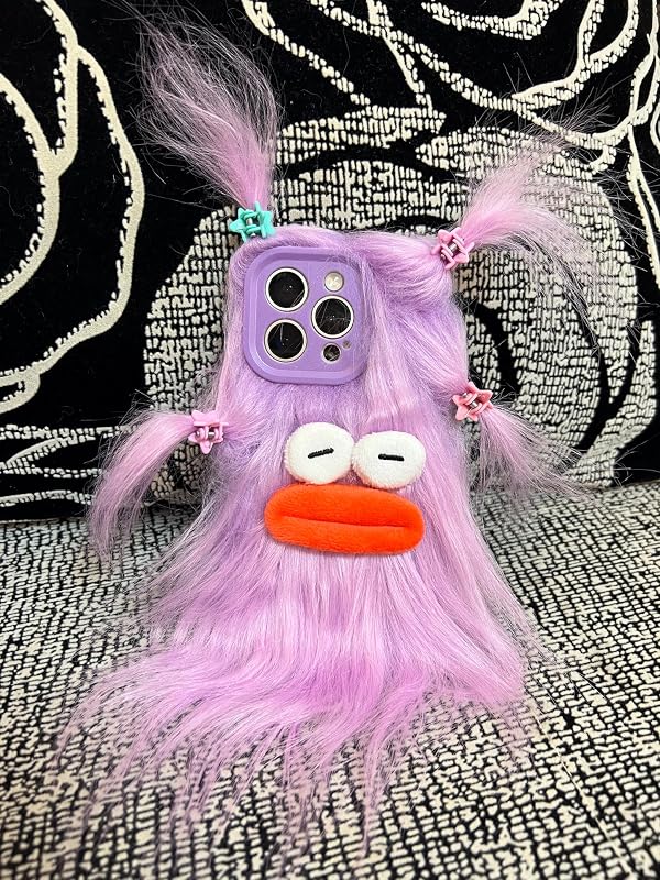 Aeilene Purple Furry Phone Case for iPhone 13, Cute DIY Long Hair Funny Thick Mouth Warm Plush Cases, 3D Cartoon Fuzzy Winter Protective Cover for Women Girls by Aeilene - Used condition - US$9.28