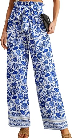 IWOLLENCE Women High Waist Palazzo Pants, Adjustable Knot Ankle Wide Leg Trousers Pockets Beach Vacation Lounge Office